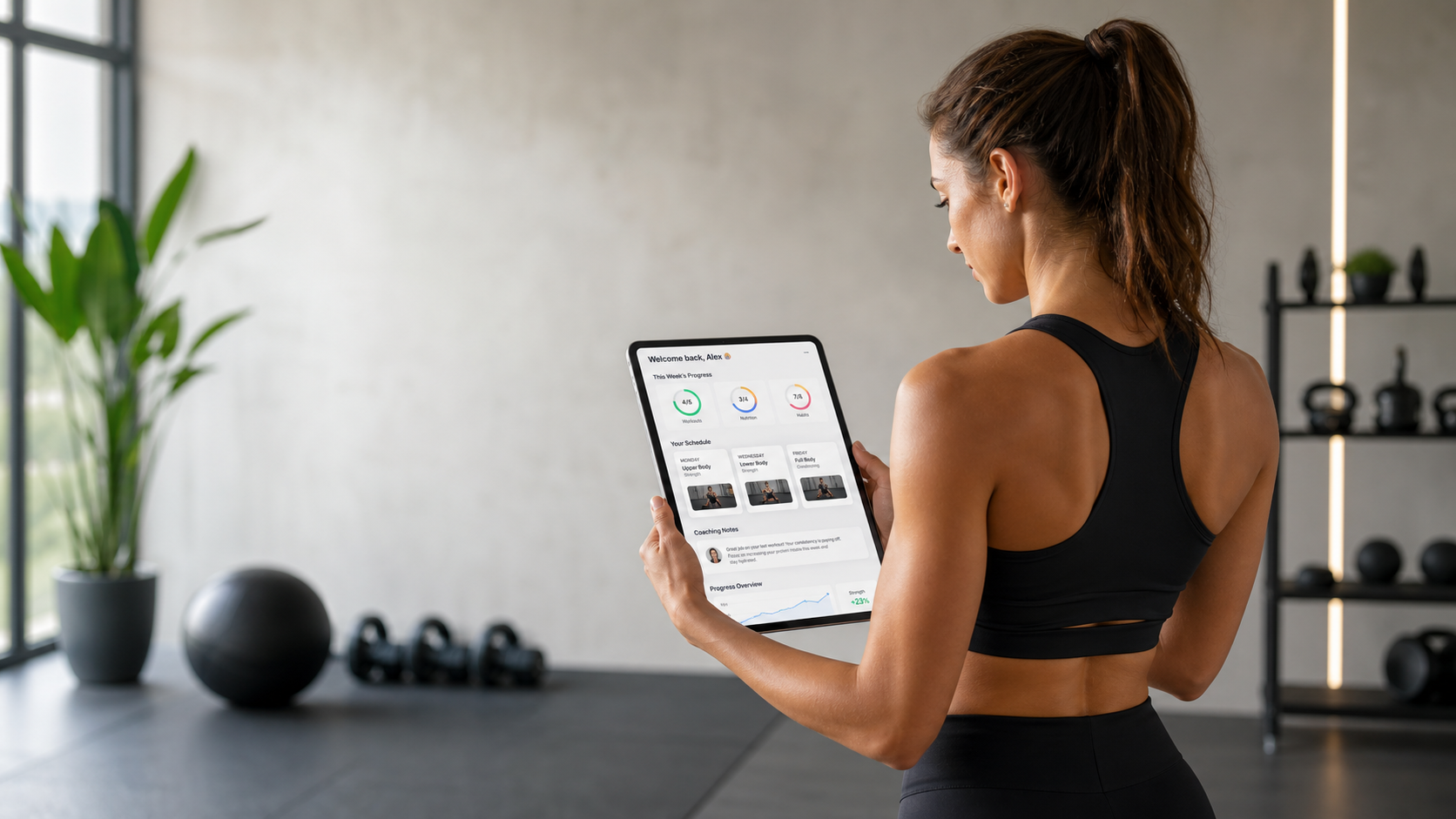 Woman reviewing her personalized online training program on a tablet